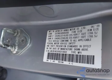 2009 Honda Cr-V Lx z USA, uszkodzony, nr VIN JHLRE483X9C018602